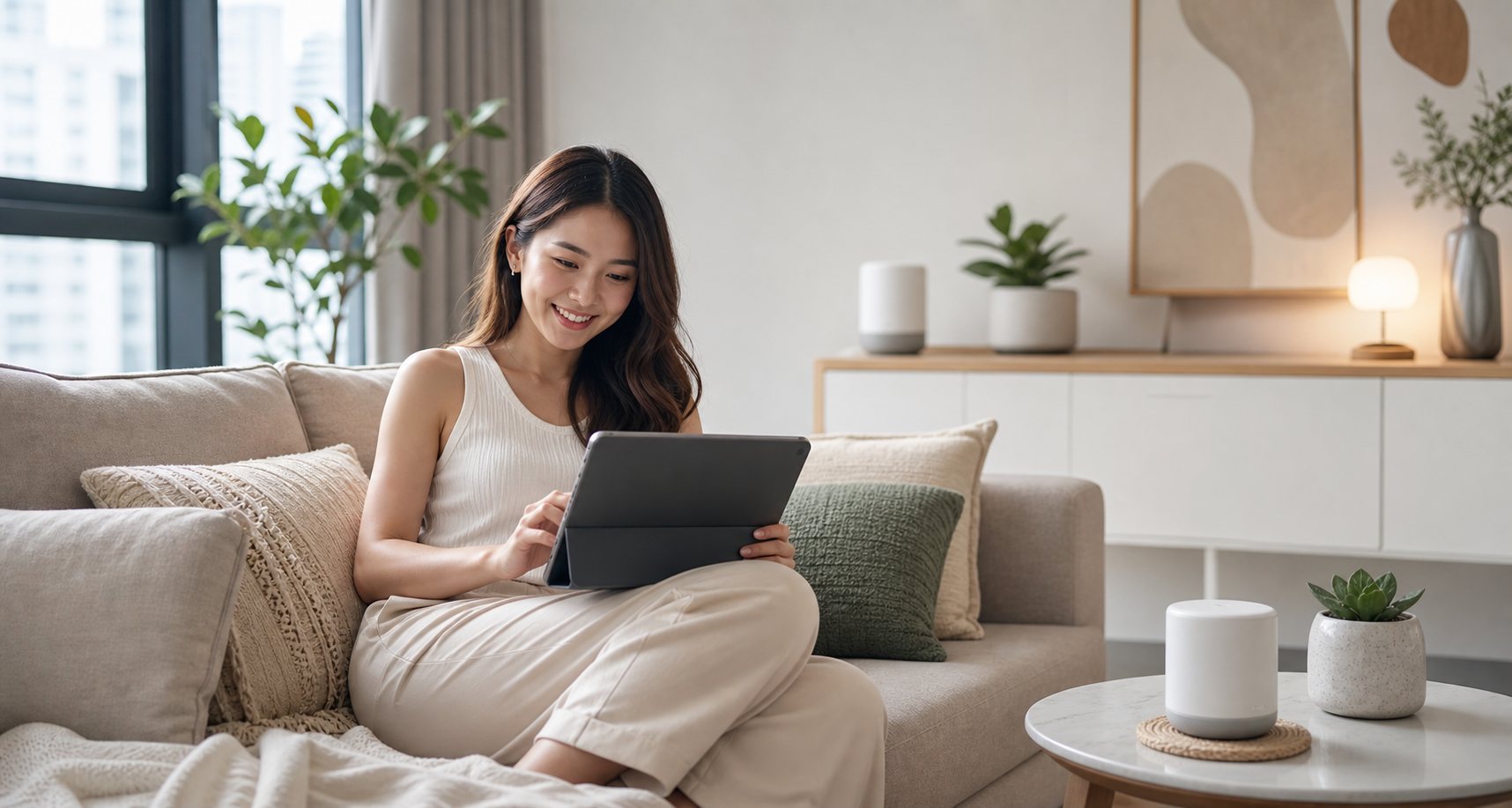 Woman relaxing at home, smiling while using a tablet with a smart speaker nearby